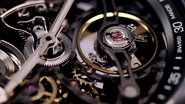 Gear drive motion in skeleton watch. Mechanical watches with gears and cogs. Watch or clock mechanism. Clockwork details and parts. Inside watch, mechanical watch in macro view.Macro Shot Clock Face.