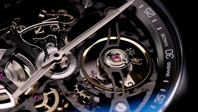 gear drive motion in skeleton watch. Mechanical watches with gears and cogs. Watch or clock mechanism. Clockwork details and parts. Inside watch, mechanical watch in macro view. Macro Shot Clock Face
