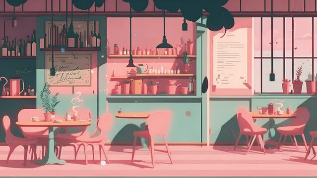 Indoor cozy interior of a caffe. Pastel colours chill lofi anime styled aesthetic. Vtuber streamer asset twitch zoom OBS screen. stream overlay loop animated wallpaper virtual backgrounds. 