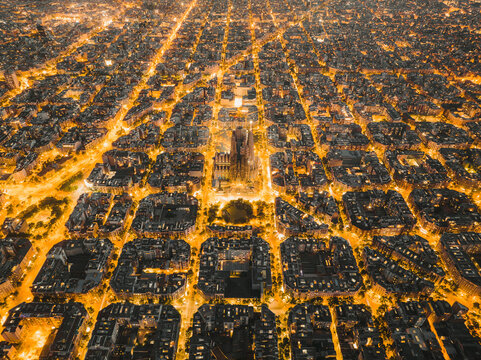 Aerial view of the Sagrada Familia, Barcelona, Spain.