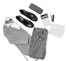 Composition with stylish school uniform, shoes and stationery on white background