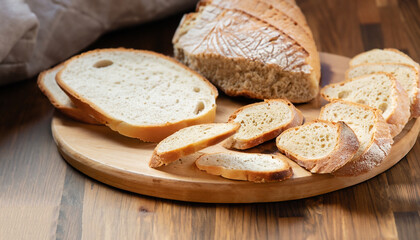 Wooden board with tasty cut bread. selective focus