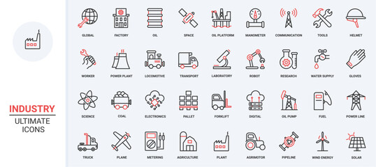 Gas and oil, energy and power production, resources, factory buildings orkers, pipeline manufacturing enterprise, robot equipment. Industry trendy red black thin line icons set vector illustration.