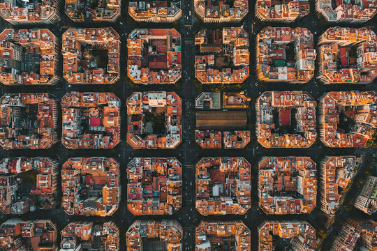 Aerial view of the Eixample buildings in Barcelona, Spain.