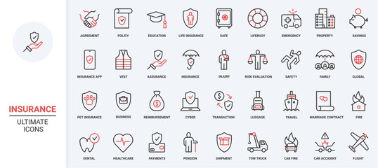 Healthcare, global financial protection shield for health, real estate and business, marriage contract and education agreement. Insurance trendy red black thin line icons set vector illustration.