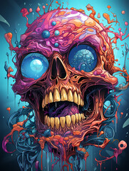 Naklejka premium Skull, tattoo art style, colorful, comic, creepy, 