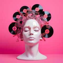 Girl with Vinyl Records in her hair. Pop art, surreal, retro music concept. Conceptual, contemporary art. Vintage, fashionable idea, aspiration, comparison of eras. Generative AI.
