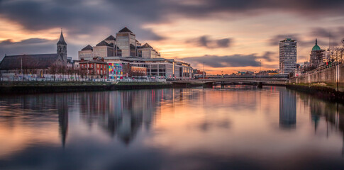 Georges Quay seen from Liffey River in Dublin, Ireland