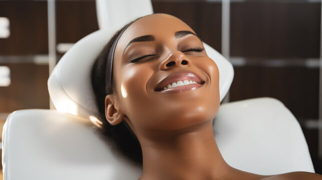 Beautiful Black Woman with Perfect Skin Getting a Skin Treatment. Dermatology, Spa, Skin Care Concept