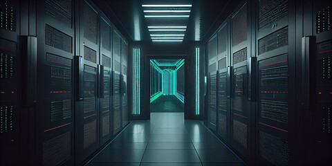 Server room with cabinets of computer equipment along the walls. Generative AI