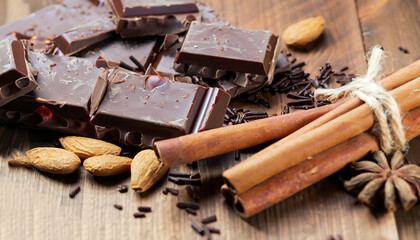 Broken chocolate bar and spices on wooden table. Selective focus