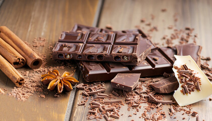 Broken chocolate bar and spices on wooden table. Selective focus