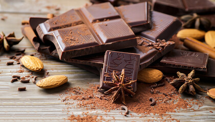 Broken chocolate bar and spices on wooden table. Selective focus