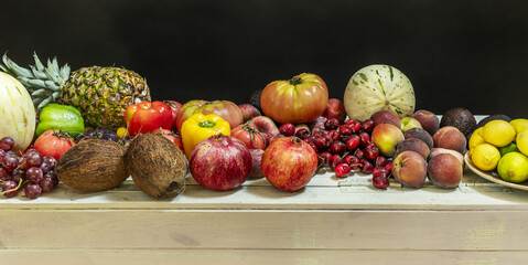 A banner with a still life with assorted ripe fruits