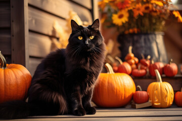 Black cat seating next to the pumpkins in the garden Generative AI