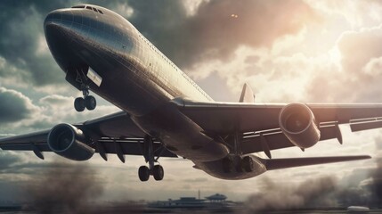 A large plane flies in the sky. The concept of passenger and cargo aviation. AI generated