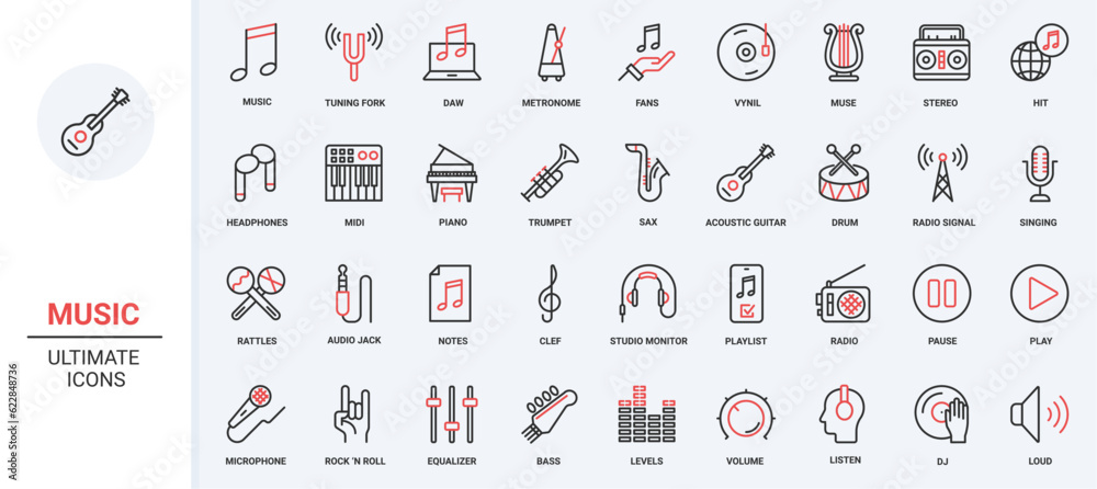 Poster interface menu buttons volume control pictogram, microphone headphone, acoustic instruments, notes m