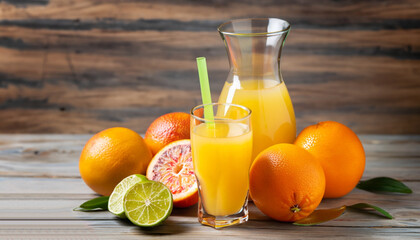 Citrus juice and fruits on wooden background. Selective focus