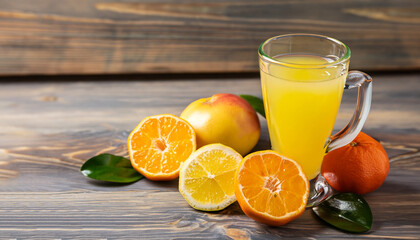 Citrus juice and fruits on wooden background. Selective focus