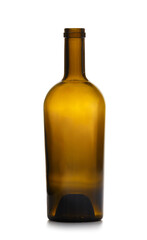 Empty dark glass wine bottle isolated on white background.