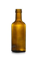 Empty square shaped brown glass bottle isolated on white background.