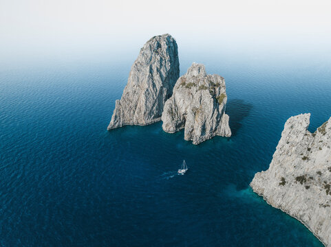 Aerial view of Capri's Faraglioni, Naples, Italy.