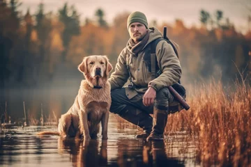 Tuinposter A hunter with a retriever dog by a serene lake, showcasing the bond between man and dog in the hunting experience. Generative AI © bluebeat76