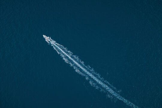Aerial view of a fast boat in Positano, Naples, Italy.