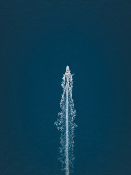 Aerial view of a fast boat in Positano, Naples, Italy.