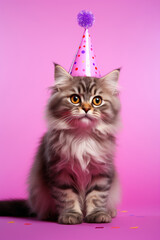 Cute little cat in a birthday hat on pink background Generative AI