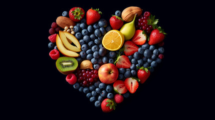 Berry and fruit mix, assorted vitamins in the form of a heart on a clean background. Created with AI.
