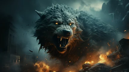 Foto op Plexiglas Furious wolf in the fire of destruction. Angry furry wolf with a growl giving a death stare. Beast causes chaos and destruction on a fire background. Fictional scary character with a grin on its face. © Valua Vitaly