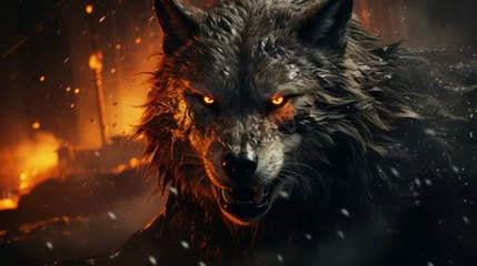 Gordijnen Furious wolf in the fire of destruction. Angry furry wolf with a growl giving a death stare. Beast causes chaos and destruction on a fire background. Fictional scary character with a grin on its face. © Valua Vitaly