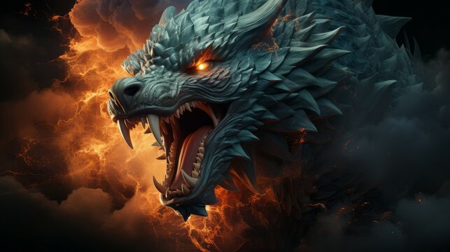 Mad dragon destroying the world. Angry reptile with a growl giving a death stare. Chinese dragon causes chaos and devastation on a flame background. Fictional scary character with a grin.