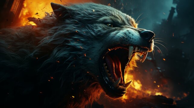 Furious wolf in the fire of destruction. Angry furry wolf with a growl giving a death stare. Beast causes chaos and destruction on a fire background. Fictional scary character with a grin on its face.