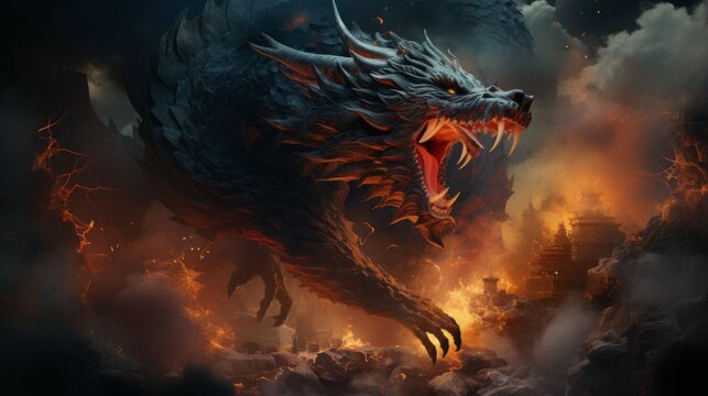 Mad dragon destroying the world. Angry reptile with a growl giving a death stare. Chinese dragon causes chaos and devastation on a flame background. Fictional scary character with a grin.