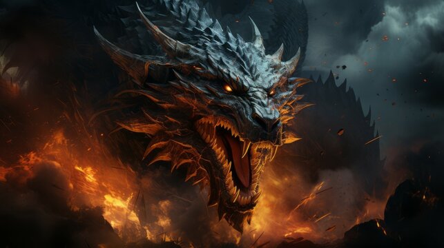 Mad dragon destroying the world. Angry reptile with a growl giving a death stare. Chinese dragon causes chaos and devastation on a flame background. Fictional scary character with a grin.