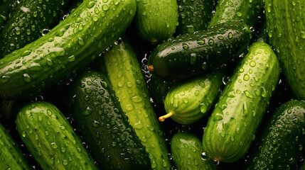 Background of fresh juicy and green cucumbers without foliage in water drops. Slices of cucumber on the photo background. Created in ai.