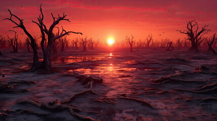 A desolate wasteland with skeletal trees under a crimson sunset - obrazy, fototapety, plakaty