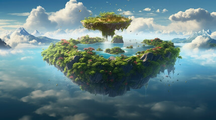 A floating island in the sky, lush with unique, vibrant flora - obrazy, fototapety, plakaty