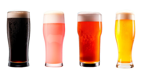 Stout, pink, pale ale and golden craft beer on isolated transparent background