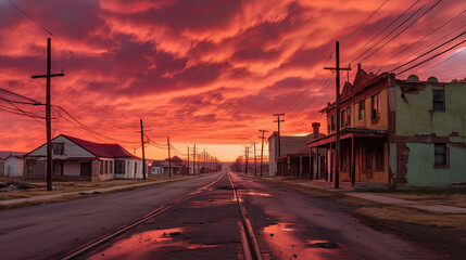 A ghost town with abandoned buildings, under a sky filled with red clouds
