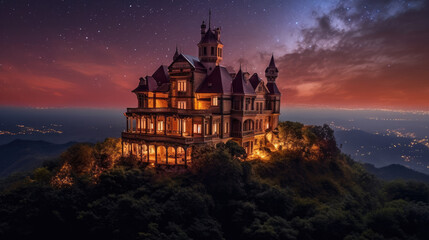 A haunted mansion on a hill, under a sky filled with red skyline - obrazy, fototapety, plakaty