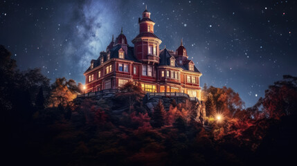 A haunted mansion on a hill - obrazy, fototapety, plakaty