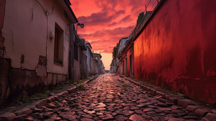 A terrifying view of a narrow alley in an old, abandoned city, under a sky filled with red clouds