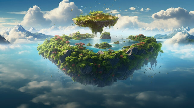 A floating island in the sky, lush with unique, vibrant flora