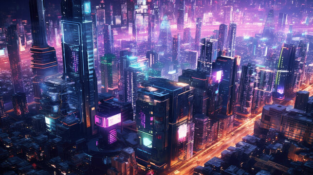A sprawling futuristic city at night, illuminated by neon lights