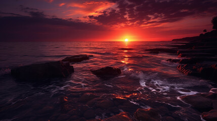 dark red sunset above seashore