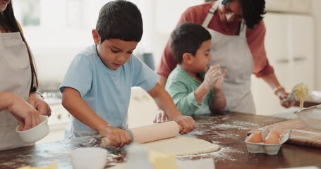 Grandmother teaching, kids or mom baking in kitchen as a family with support for cooking recipe. Cake, child development or senior grandma helping boys or children siblings with rolling pin at home