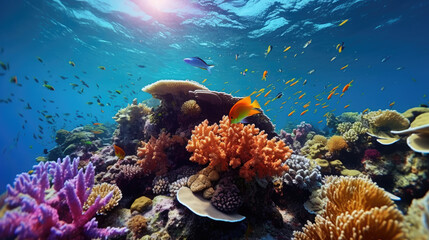 Fototapeta na wymiar A vibrant underwater coral reef with colorful marine life